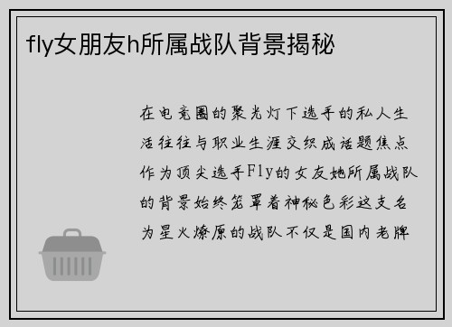 fly女朋友h所属战队背景揭秘